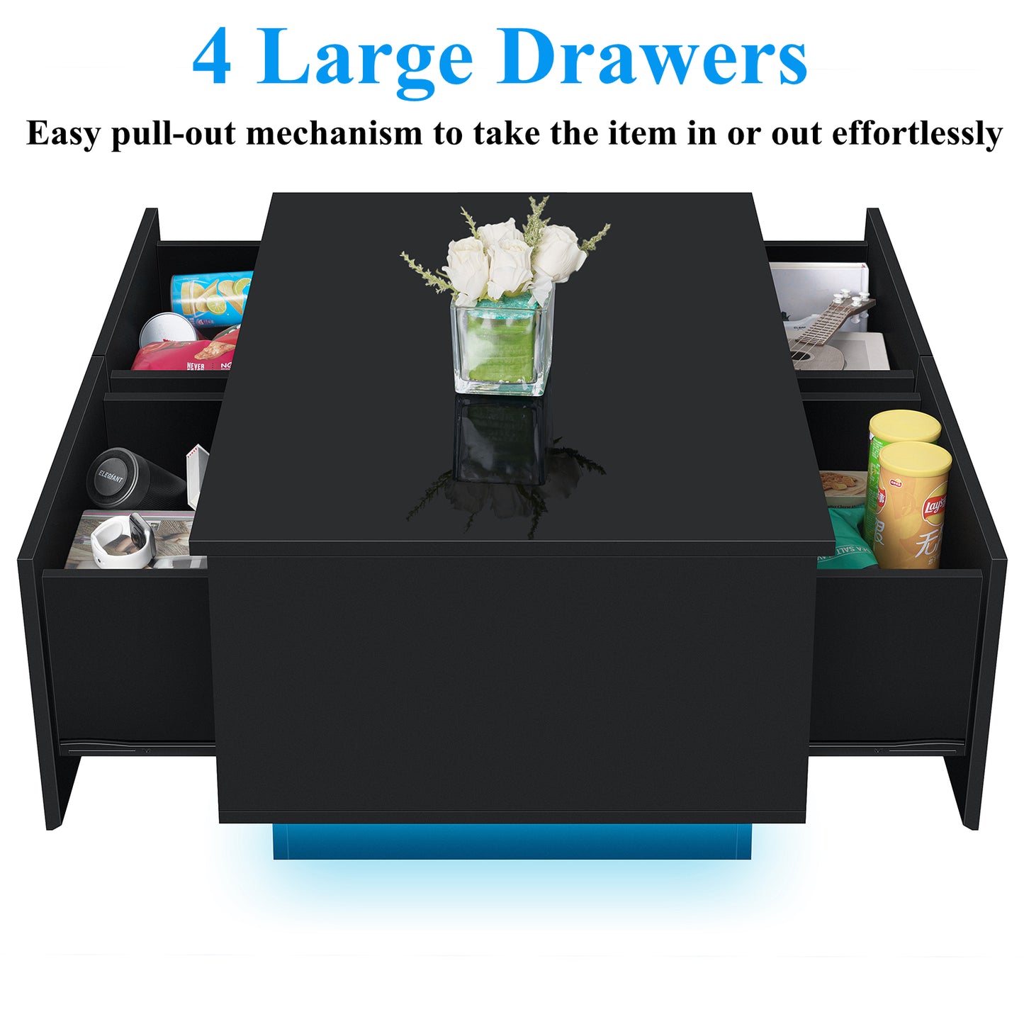 Coffee Table with 4 Drawers LED Center Table Sofa Side Tea Tables Black High Gloss Finish