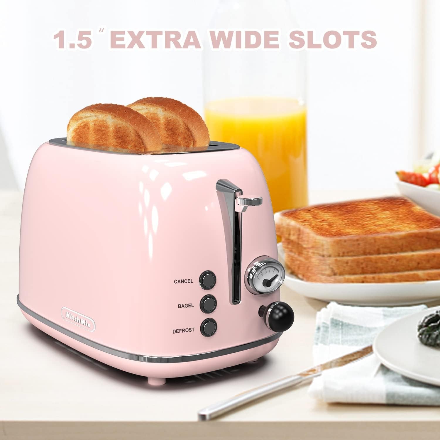 Toaster 2 Slice,Retro Stainless Steel Toaster with 6 Settings, 1.5 in Extra Wide Slots, Bagel/Defrost/Cancel Function, Removable Crumb Tray (Baby Pink)